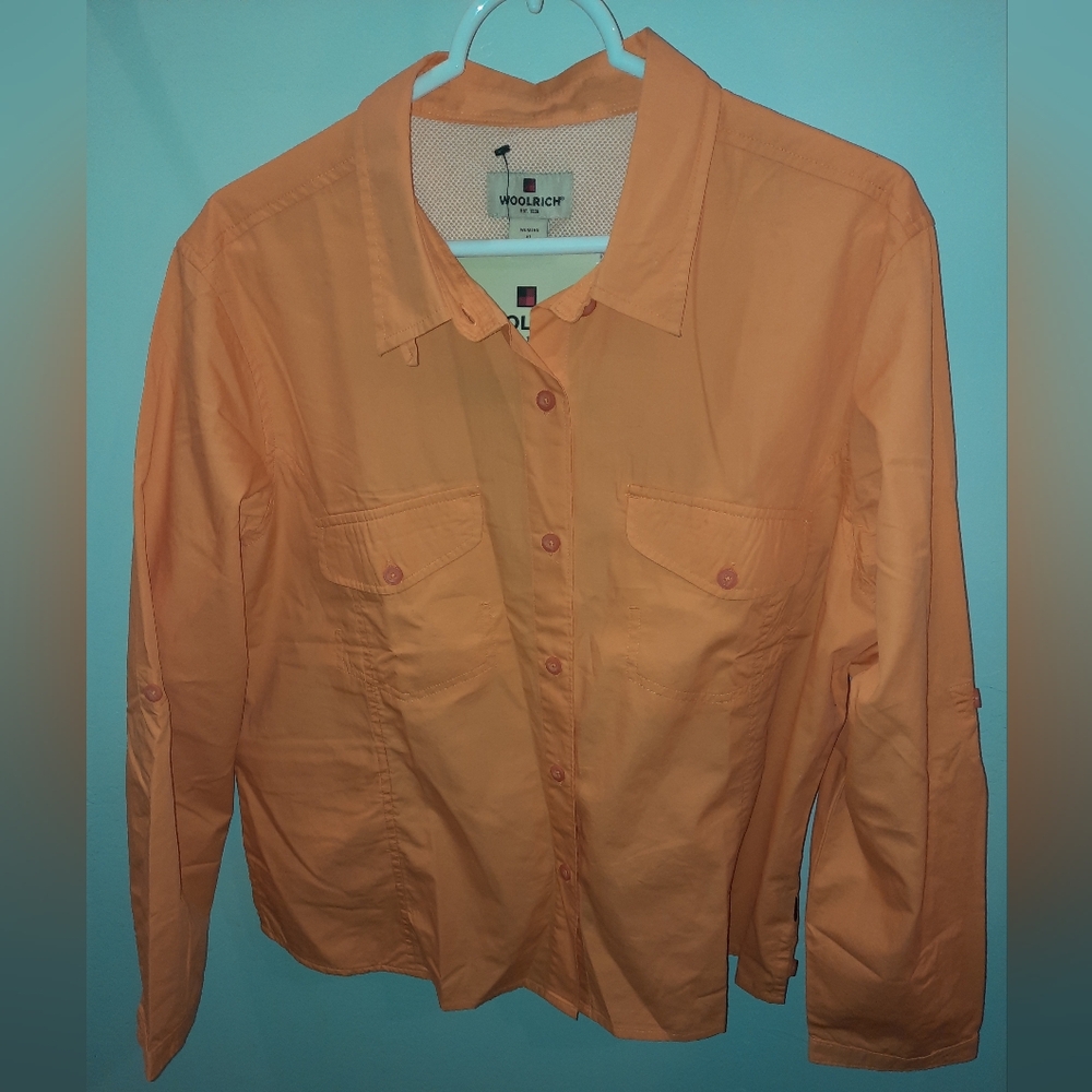 NWT Womens Woolrich Orange Long Sleeve Water Repellant Button Down Shirt Size XL